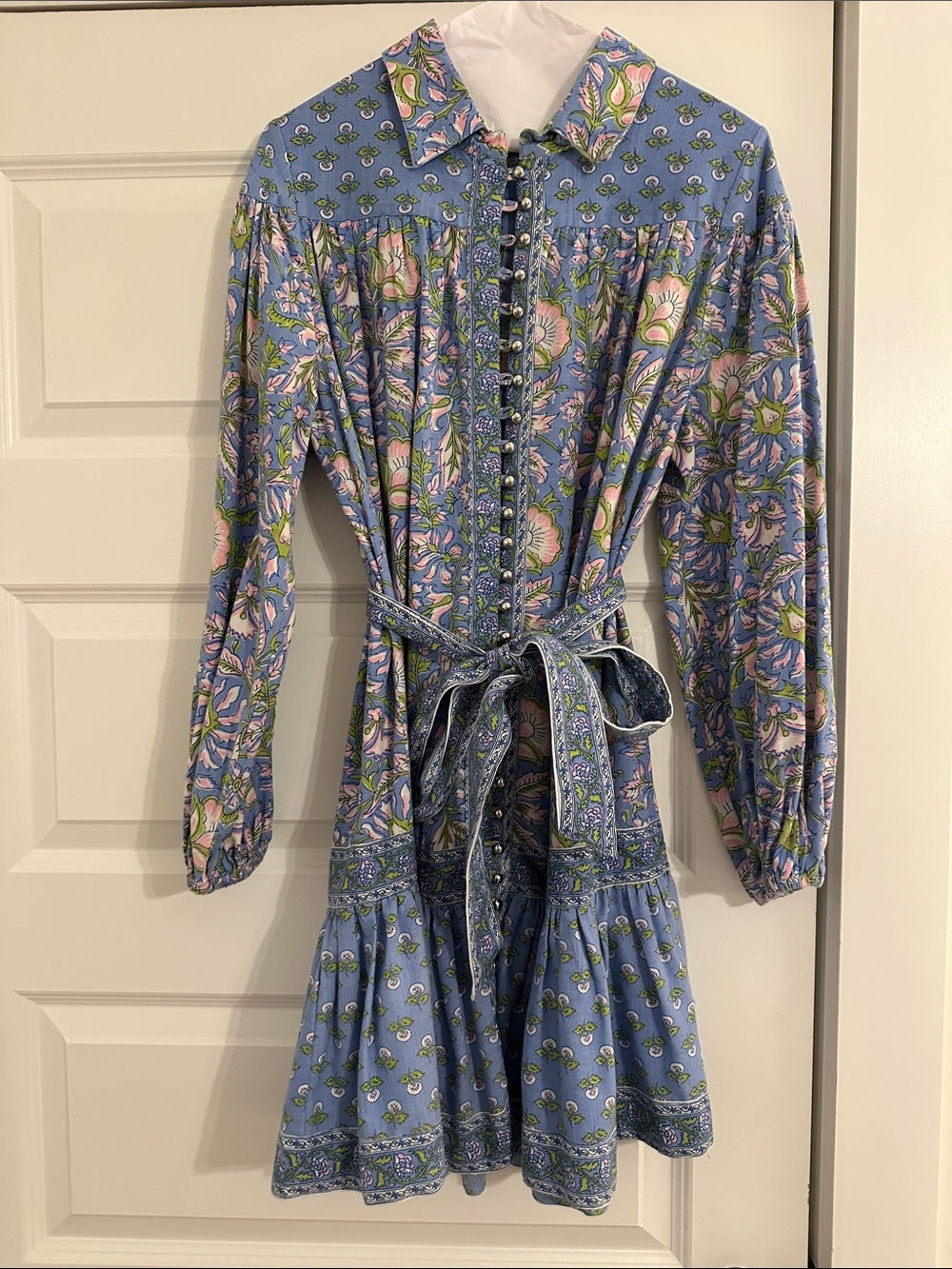 Miss June Long-Sleeve Button Front Dress with Tie Waist